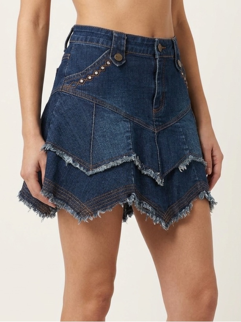 2Hot Jeans Y2K Denim Tiered Asymmetrical Raw Edge Skirt